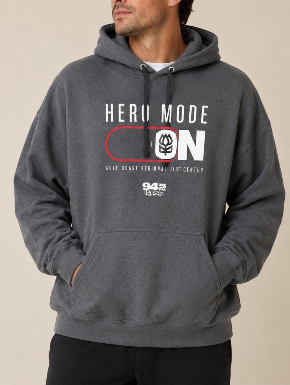 94.5 The Buzz Hero Mode Hoodie Gray Mens L Graphic Pullover Houston Streetwear